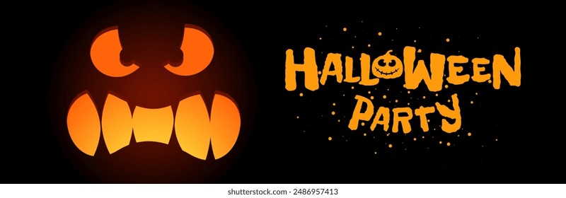 Happy Halloween party horizontal banner design concept. Jack O Lantern pumpkin carved scary smiling face on black background and hand drawn inscription. Trick or Treat October 31 holiday greeting card