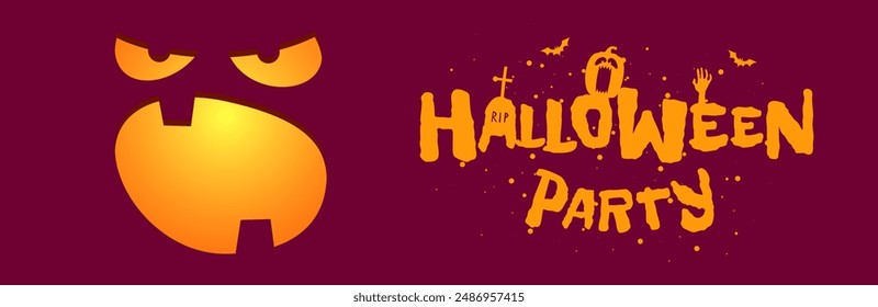 Happy Halloween party horizontal banner design template. Jack O Lantern pumpkin carved scary smiling face on dark background and creative inscription. Trick or Treat October 31 holiday greeting card