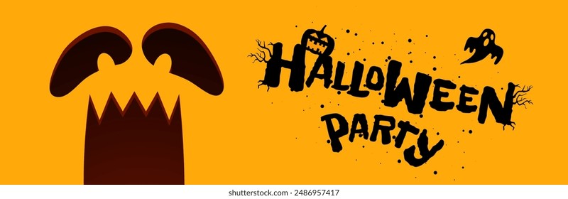 Happy Halloween party horizontal banner design template. Jack O Lantern pumpkin carved scary smiling face on orange background and hand drawn inscription. Traditional October 31 holiday greeting card