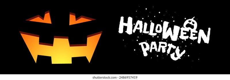 Feliz fiesta de Halloween Horizontal Plantilla de diseño de Anuncio. Calabaza Jack O Lantern tallada cara sonriente de miedo sobre fondo negro e inscripción dibujada a mano. Tarjeta de felicitación tradicional del 31 de octubre