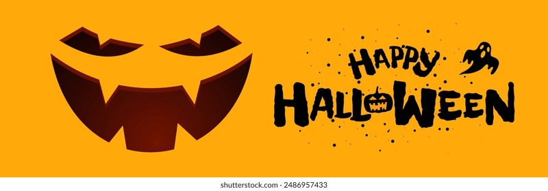 Happy Halloween party horizontal banner design template. Jack O Lantern pumpkin carved scary smiling face on orange background and hand drawn inscription with ghost. Traditional October 31 holiday