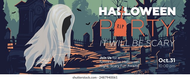 Happy Halloween party horizontal banner. Drawing ghost in moonlit cemetery background poster. Art cover horror night celebration. October 31 holiday event artwork concept. Trick or treat eps print