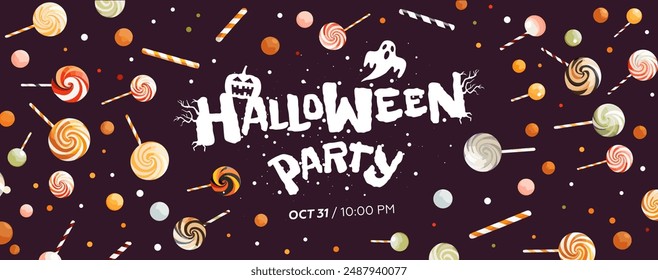 Happy Halloween party horizontal banner. Drawing sweet candies background poster. Art cover horror night celebration. October 31 holiday event promotional artwork. Trick or treat print eps design