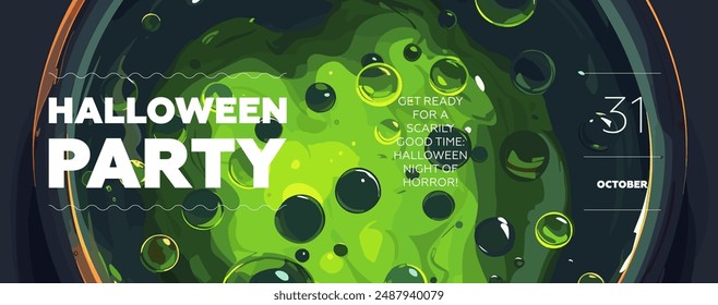 Happy Halloween party horizontal banner. Drawing brewed green potion in cauldron background poster. Art cover horror night celebration. October 31 holiday event promo artwork. Trick or treat eps print