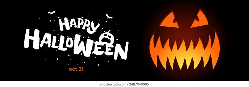 Feliz fiesta de Halloween concepto de diseño de Anuncio Horizontal. Calabaza Jack de linterna tallada cara sobre fondo negro e inscripción dibujada a mano. Trick or Treat Tarjeta de felicitación de eps de vacaciones del 31 de octubre