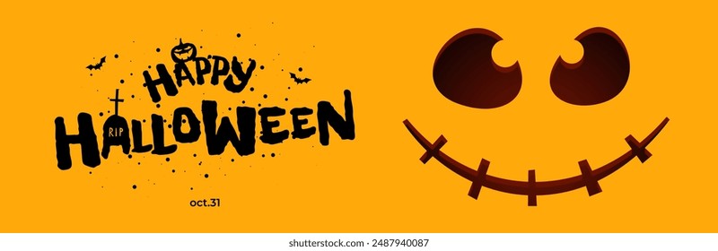 Feliz fiesta de Halloween diseño de Anuncio Horizontal. La calabaza de Lantern Jack talló la cara sonriente del miedo en el fondo naranja y dibujó a mano la inscripción con la lápida. Feriado del 31 de octubre. Eps