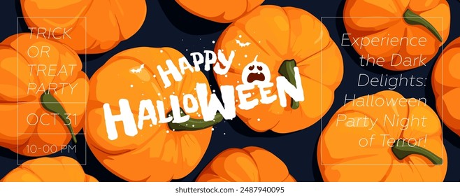 Feliz fiesta de Halloween Anuncio Horizontal. Dibujo de fondo de calabaza. El arte cubre la celebración de la noche de horror. 31 de octubre evento de vacaciones arte promocional. Trick or treat tipografía Plantilla de impresión