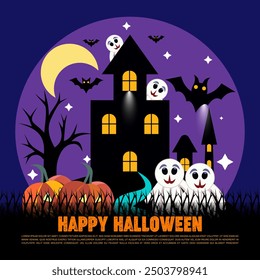 It is a happy Halloween party house with bat, pumpkin night moon background design banner template for all Halloween users.