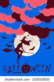 Happy Halloween party invitation background with blue clouds and witch Vector illustration. Full moon in blue sky and flying bats