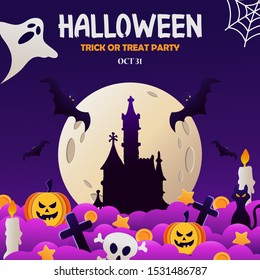 Happy Halloween party invitation background with night clouds and pumpkins in paper cut style. Full moon in the sky, flying bats. Place for text. Vector illustration.