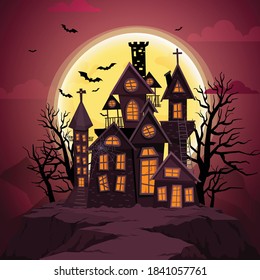Happy Halloween or party invitation background with night clouds and scary castle.