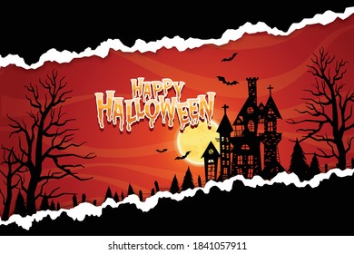 Happy Halloween or party invitation background with night clouds and scary castle.