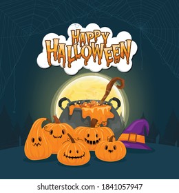 Happy Halloween or party invitation background with night clouds and pumpkins