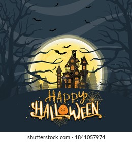 Happy Halloween or party invitation background with night clouds and scary castle.