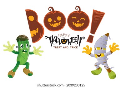 Happy Halloween party invitation background or banner with Frankenstein and Mummy character. Isolated on white. Vector illustration and text.