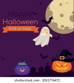 Happy Halloween or halloween party invitation background, Halloween, pumpkin and ghost. Vector illustration. Full moon in the sky, t flying bats. trick or treat. Halloween night, October 29