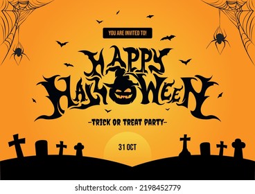 Happy Halloween Party Invitation background. Halloween Text Banner. Vector illustration. Dark spiders web, flying bats, graveyard. Place for text