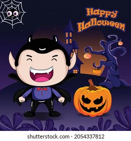 happy halloween party invitation banner. with cute characters of pumpkins, and vampire. along with the background. eps vector format.