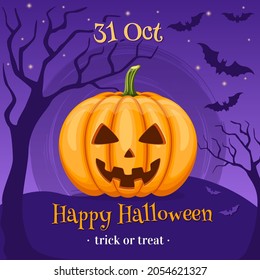 Happy Halloween party invitation banner with pumpkin and flying bats. Orange pumpkin with scary smile on dark background. Trick or treat. Vector illustration.