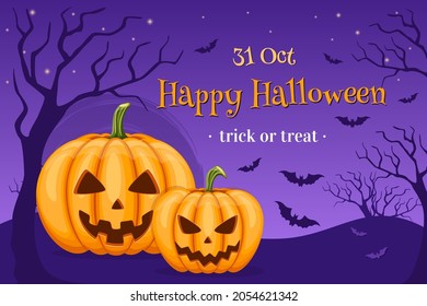 Happy Halloween party invitation banner with pumpkins and flying bats. Orange pumpkins with scary smile on dark background. Trick or treat. Vector illustration.