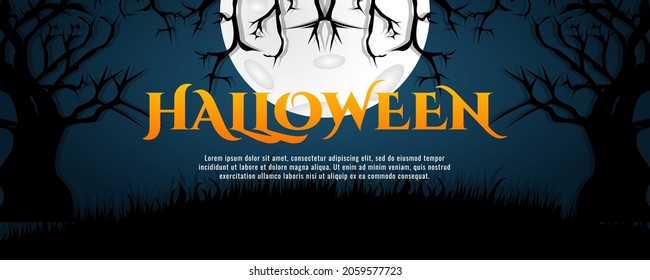 Happy Halloween party invitation banner or background with tree and grass silhouette elements