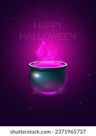 Happy Halloween is a party invitation banner or background. Image of a cauldron with a magic potion. Night, stars. Vector illustration. Place for text