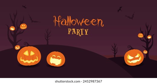 Happy Halloween party invitation banner with pumpkins, bats and horrible trees. Decorative festival banner vector illustration.