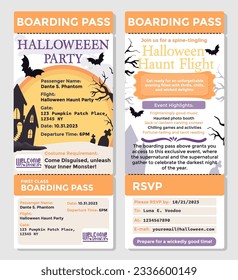 Happy Halloween Party Invitation Boarding Pass Template. Cartoon flight ticket style party invitation with spooky background. First class Halloween night flight ticket vector illustration.