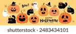 Happy halloween party invitation card with spooky pumpkin, cute black cat and ghost. Holidays cartoon character. -Vector
