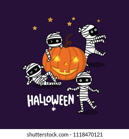 Happy Halloween party invitation card with cute mummy and  pumpkin character vector.