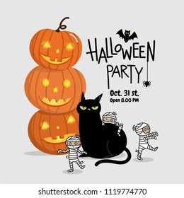 Happy Halloween party invitation card with cute mummy, pumpkin and mummy character vector. Flat style.