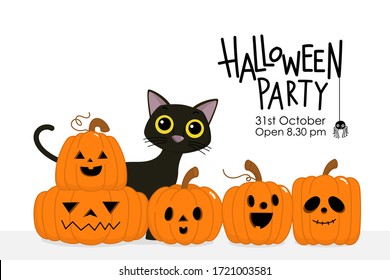 Happy Halloween party invitation card with cute black cat and spooky pumpkin. Animal holidays cartoon character. -Vector.