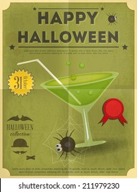 Happy Halloween Party Invitation Card in Retro Style. Vector Illustration.