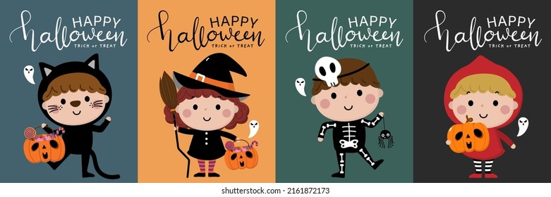 Happy halloween party invitation card. Cute kids in witch, red riding hood, skeleton, black cat costume. and ghost and spooky pumpkin. Holidays cartoon character isolated set. -Vector