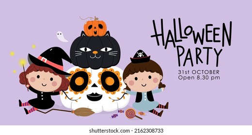 Happy Halloween Party Invitation Card With Cute Kids In Witch And Pirate Costume. Orange Pumpkin In Cat And Ghost Style. Holidays Cartoon Character Vector