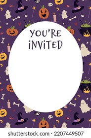 Happy Halloween party! Invitation Card Template - You are invited - with magic occult thing, cartoon style. Trendy modern vector illustration, hand drawn, flat design.