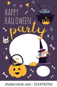 Happy Halloween. Party Invitation Card Template with cauldron, pumpkin and witch, cartoon style. Trendy modern vector illustration, hand drawn, flat design.