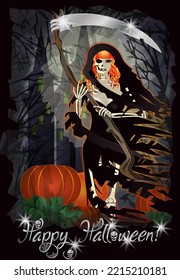 Happy Halloween party invitation card. Redhair Lady Grim Reaper, vector illustration