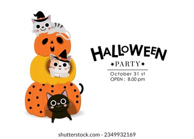 Happy halloween party invitation card with cute cat and decorated pumpkin. Holidays cartoon character. -Vector