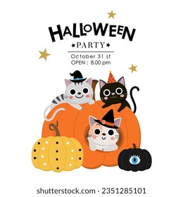 Happy halloween party invitation card with cute cat and decorated pumpkin. Holidays cartoon character. -Vector