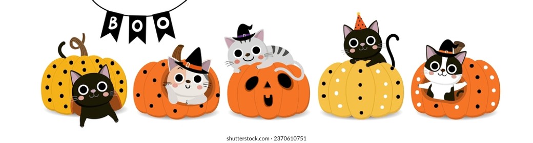 Feliz tarjeta de invitación de la fiesta de halloween con lindo gato y calabaza decorada. Personaje de caricatura de vacaciones. -Vector