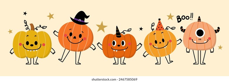 Happy halloween party invitation card with cute monster pumpkin. Holidays cartoon character. -Vector