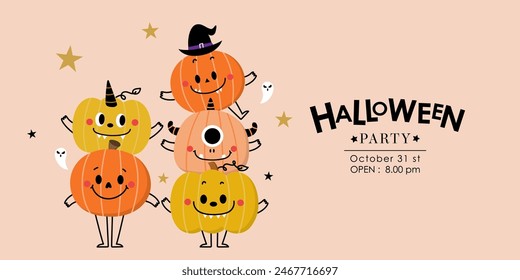 Happy halloween party invitation card with cute monster pumpkin. Holidays cartoon character. -Vector