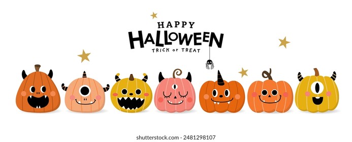 Happy halloween party invitation card with cute monster pumpkin. Holidays cartoon character. -Vector