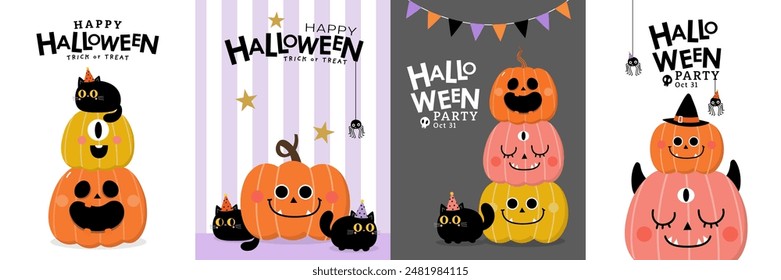 Happy halloween party invitation card with cute monster pumpkin. Holidays cartoon character. -Vector