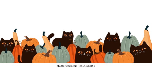 Tarjeta de invitación feliz del partido de Halloween con el gato negro lindo y la calabaza espeluznante. Personaje de dibujos animados de vacaciones animales. -Vector.