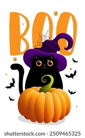 Happy halloween party invitation card with cute cat and decorated pumpkin. Holidays cartoon character