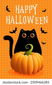 Happy halloween party invitation card with cute cat and decorated pumpkin. Holidays cartoon character