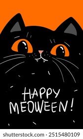 Happy halloween party invitation card with black cat. Happy meoween. Holidays cartoon character. Vector