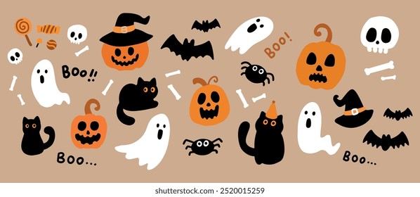 Happy halloween party invitation card with spooky pumpkin, cute black cat, ghost bat, and skull. Holidays cartoon character